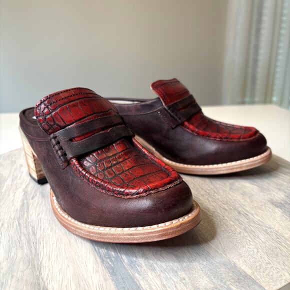 Freebird by Steven Collins Clogs Wine Multi Red Leather Croc Embossed Heels Sz 7 - Picture 3 of 11